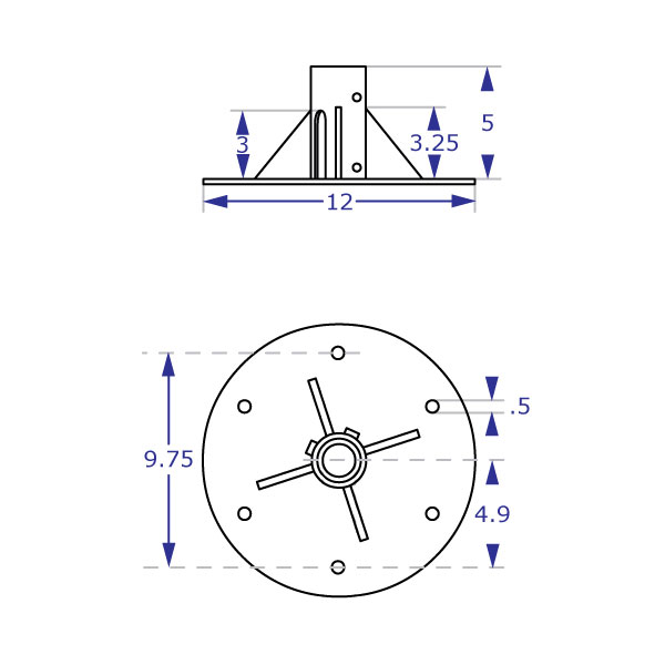 TRIPLE-192 specification showing the flange base and mounting pole dimensions from top  and side views.