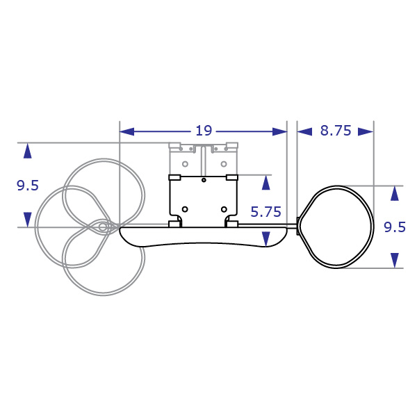 Specification drawing of CLAMP STYLE KEYBOARD HOLDER with measurements top view