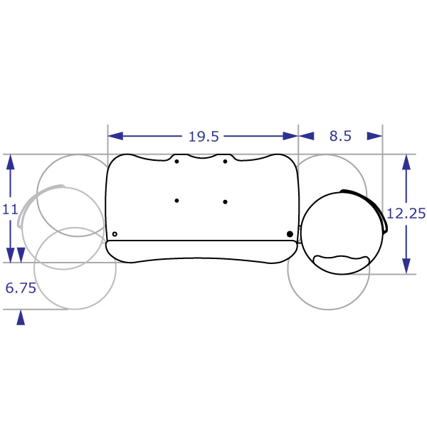 Specification drawing of SLIMFORM19 KEYBOARD TRAY with measurements top view