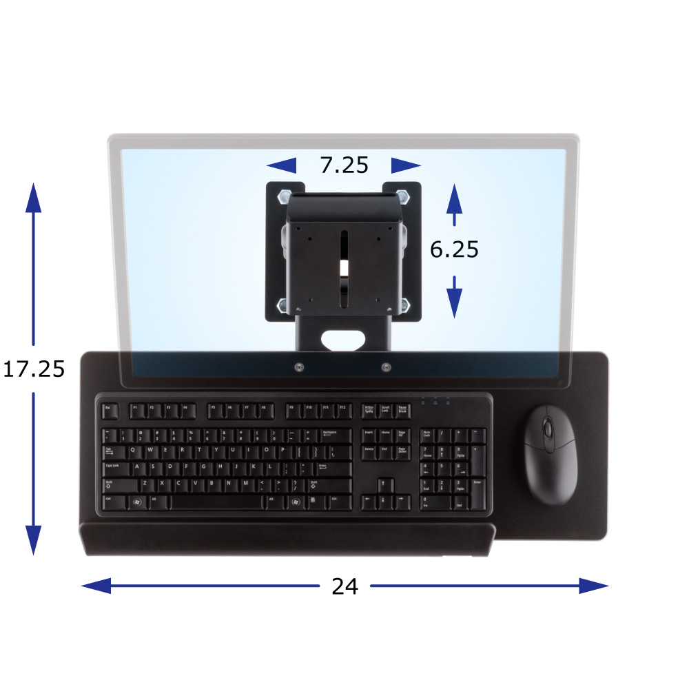 Top view of Autorizer height adjustable lift-and-lock workstation with ghosted monitor, showing device’s compact footprint.