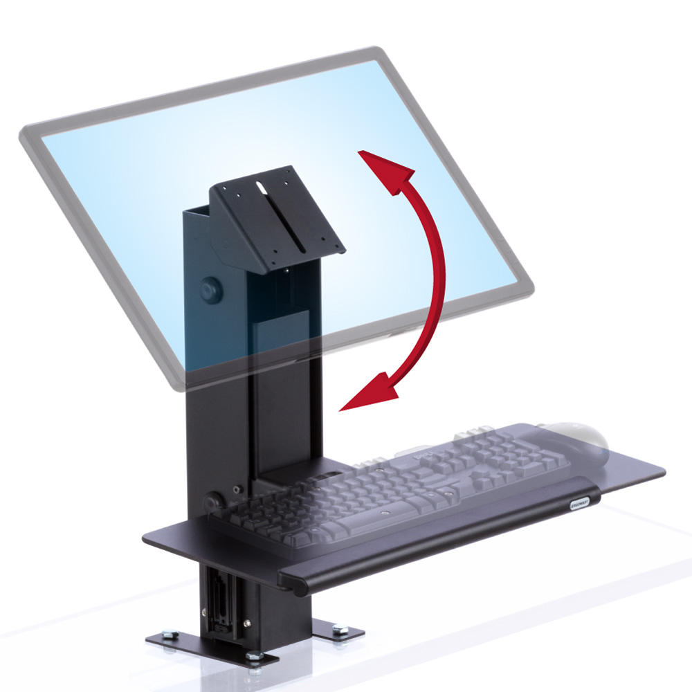 Isometric view of Autorizer lift-and-lock elevation point of sale mount with an arrow illustrating the ability to adjust the angle of the monitor.