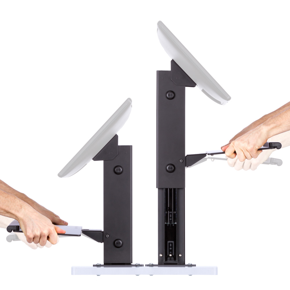 Side view of two Autorizer point of sale workstations in the low and high positions with ghosted hands demonstrating the lift and lock adjustment.