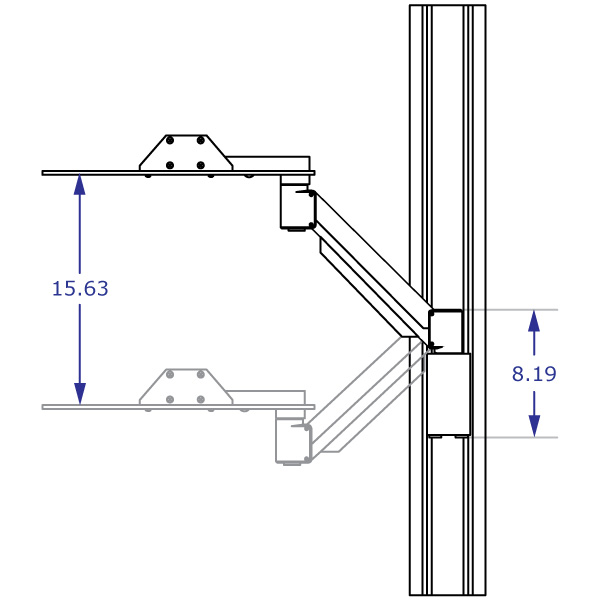Line Drawing of side view of height adjustment range of keyboard tray for EC-TRACK