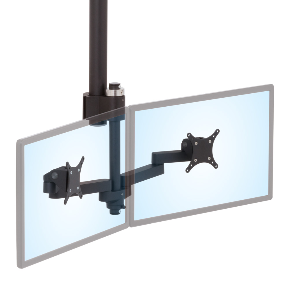 LS1512D dual monitor mounted overhead using a ceiling-mounted pole seen from an isometric angle