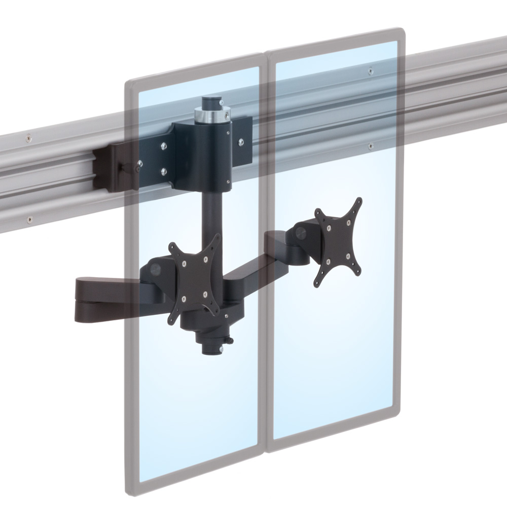 LS1512D horizontal track sliding mount isometric view with dual monitors in portrait orientation
