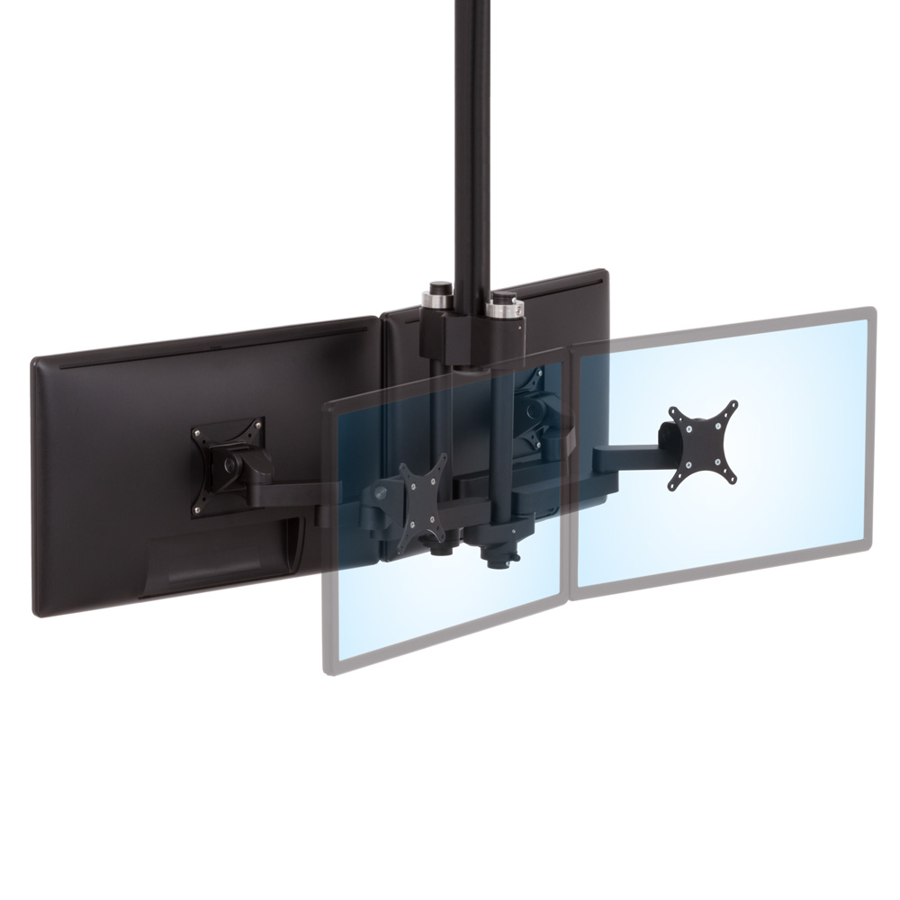 LS1512D horizontal track monitor mount isometric view with four monitors mounted back to back