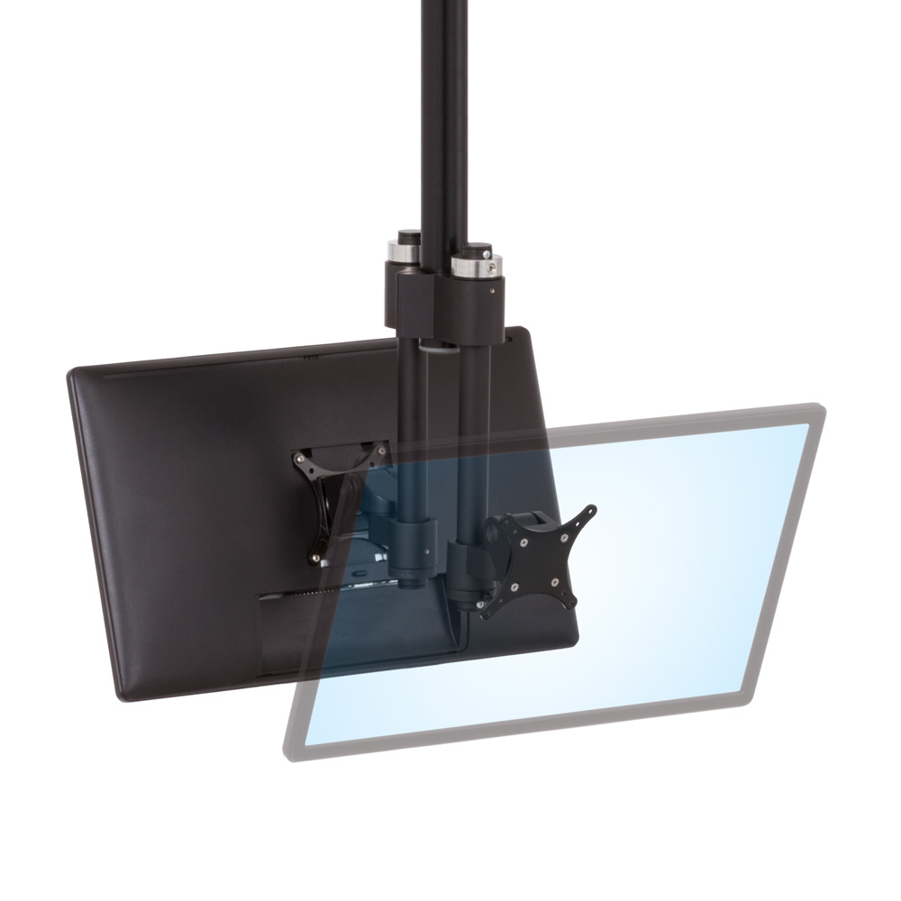LS413S compact horizontal track monitor mount in isometric view with two monitors mounted back to back