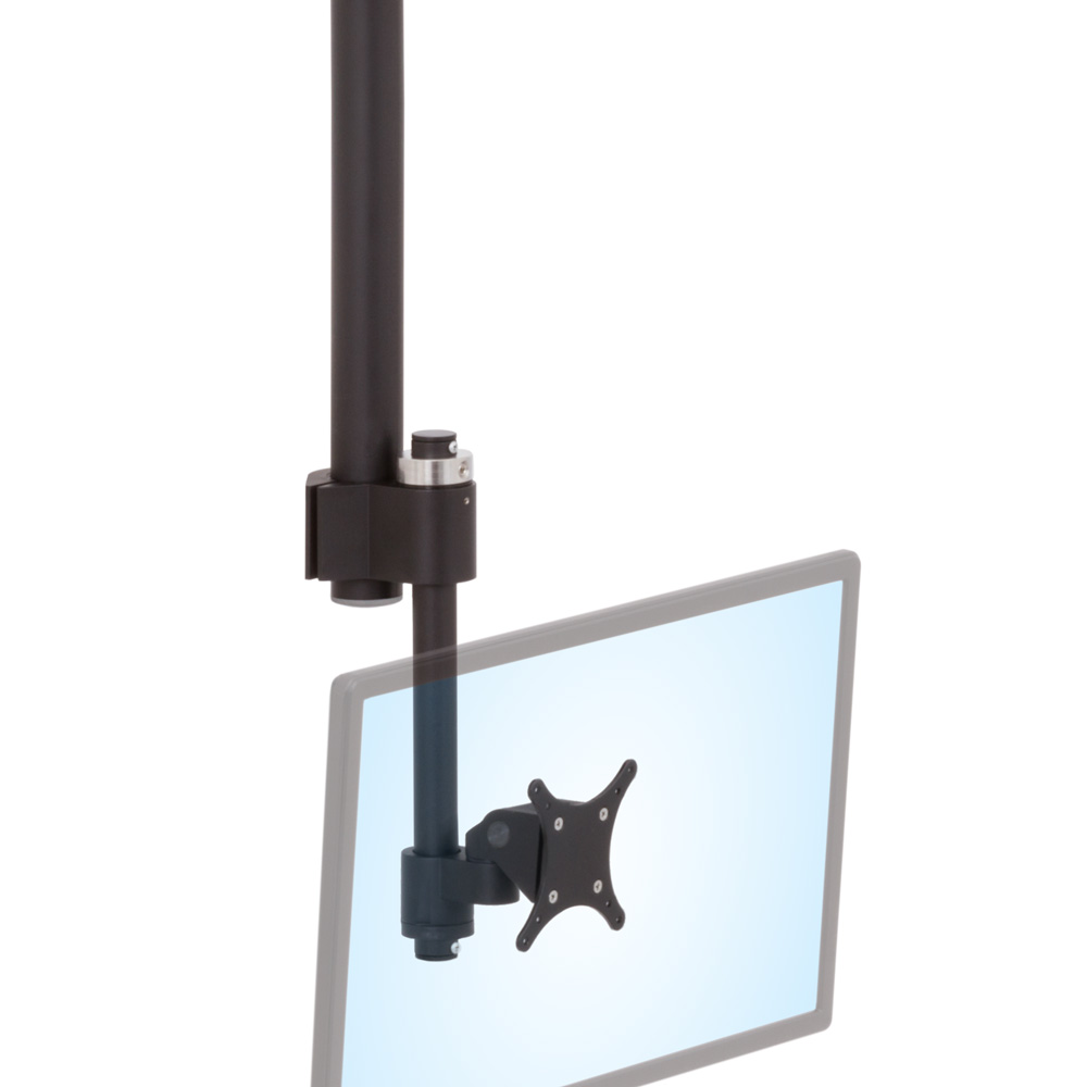 LS413S low profile monitor mounted overhead with ceiling-mounted pole seen from isometric view with monitor angled down
