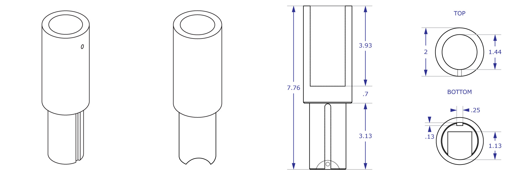 MKIT-Y pole top mount specification drawings of sides, top and bottom views with measurements