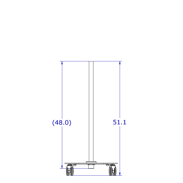 Specification drawing of rolling monitor cart base shown with a 4' pole.