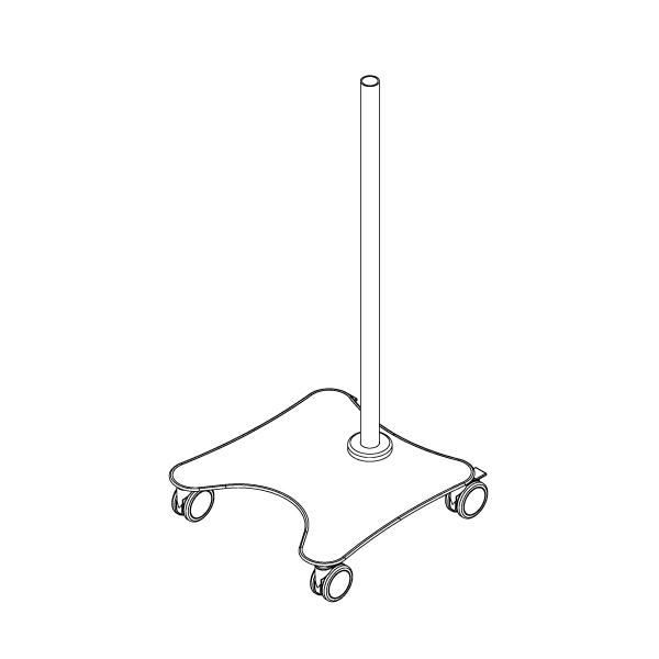 Isometric view drawing of the rolling monitor cart, shown with a 4-foot pole.