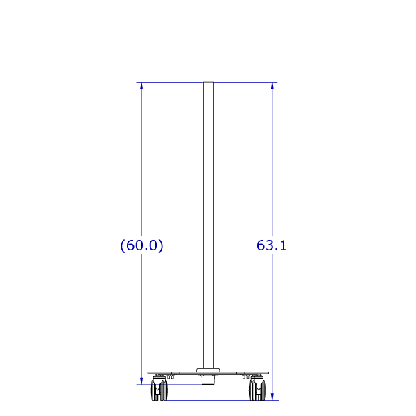 Specification drawing of rolling monitor cart base shown with a 5' pole.