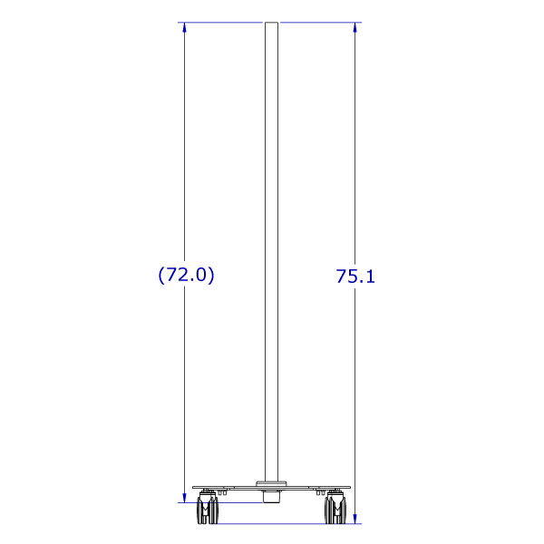 Specification drawing of rolling monitor cart base shown with a 6' pole.