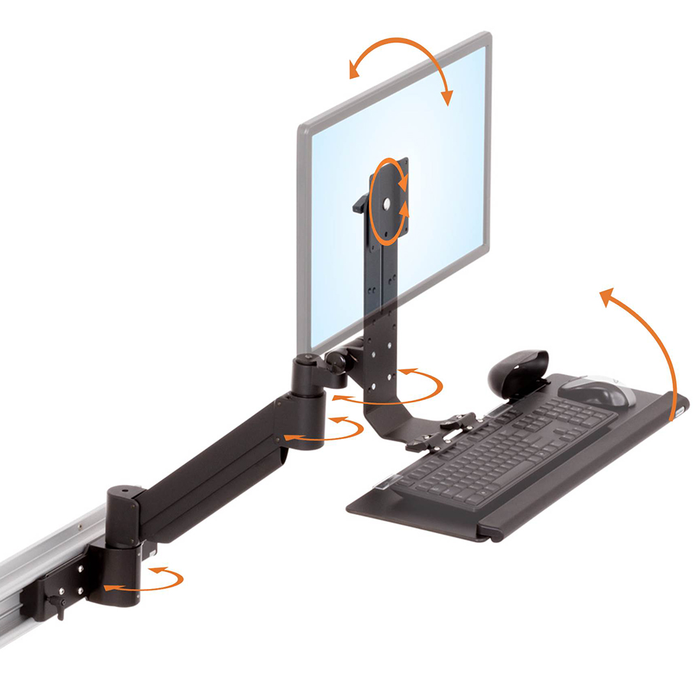 RT-TRS-ARM wall-mounted monitor and keyboard arm in black with MKIT-N2 sliding mounting kit