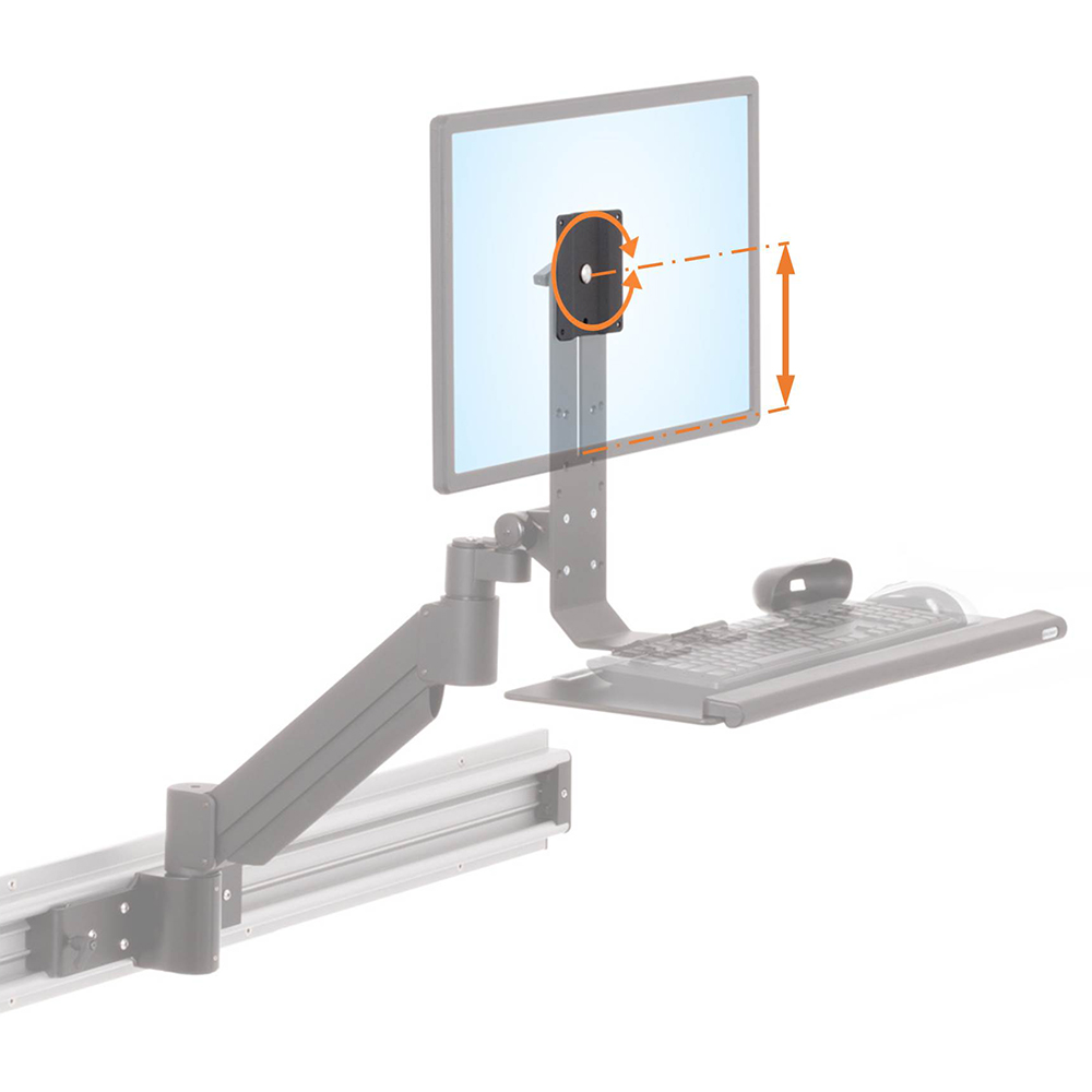 RT-TRS-ARM wall-mounted monitor and keyboard arm highlighting sliding VESA plate
