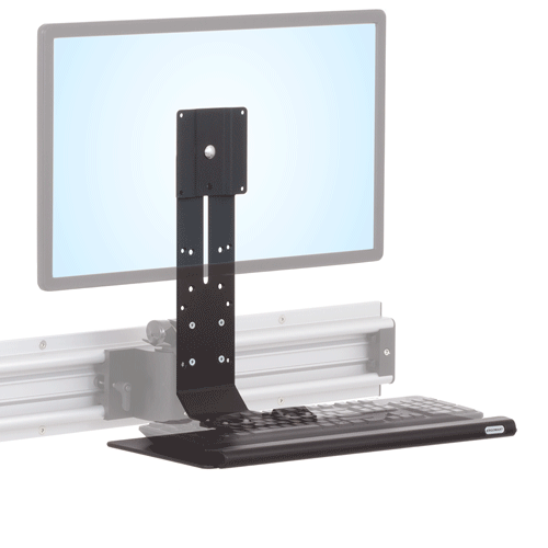 RT-TRS-MOUNT roller track monitor and keyboard mount demonstrating options for mounting the backbar