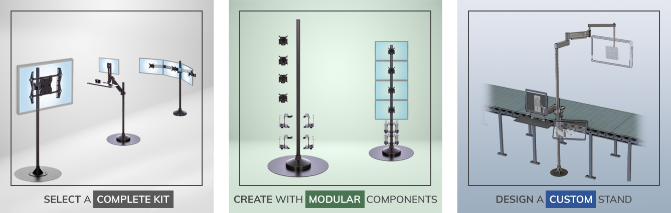 Images of Ergomart's heavy-duty PM192 pole based floor stands illustrating three ways to create a floor stand: select a standard large monitor display stand, build a kiosk or a multi-monitor display with CPU units using modular components or custom design an application-specific industrial computer workstation.