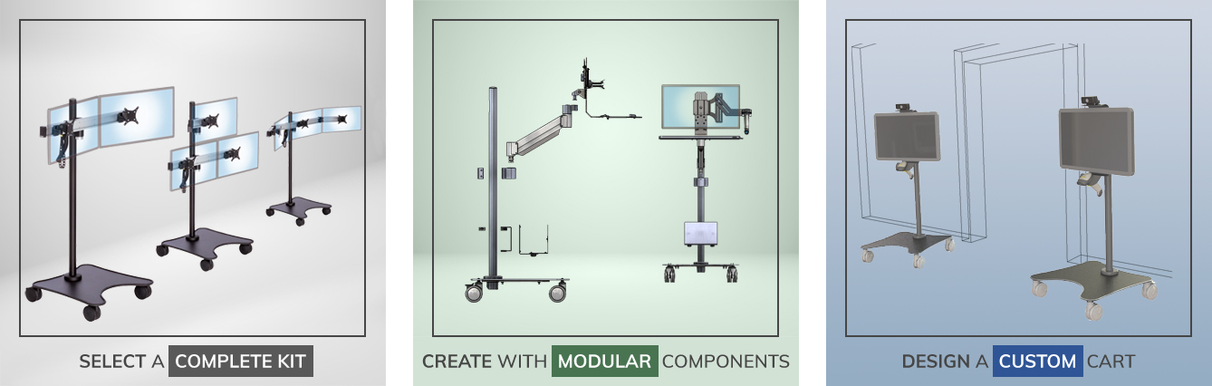 Images of Ergomart's heavy-duty MCART mobile carts illustrating three ways to create an mobile cart: select a standard cart for three monitors, build a workstation using modular components or custom design an application-specific kiosk.