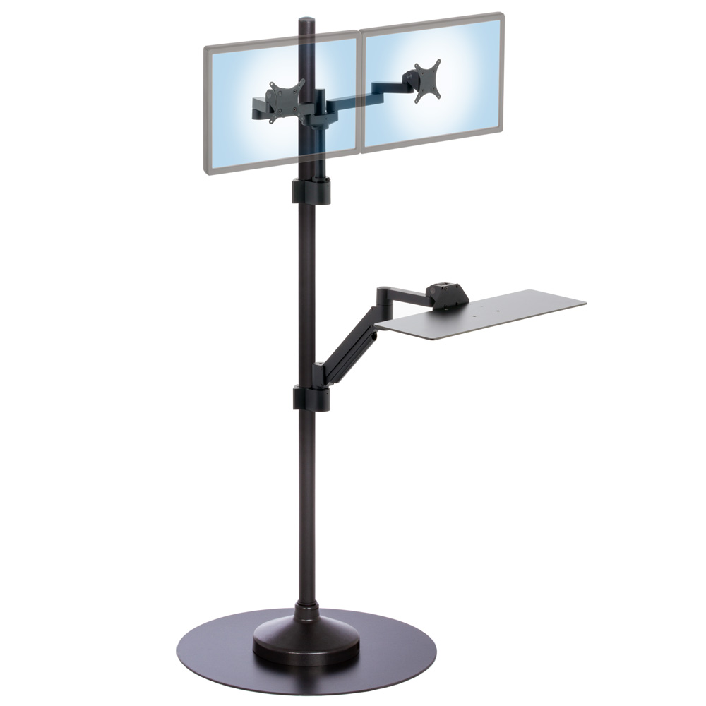 Height adjustable monitor and keyboard arms on a floor stand with center mounted heavy duty pole and a base cover.