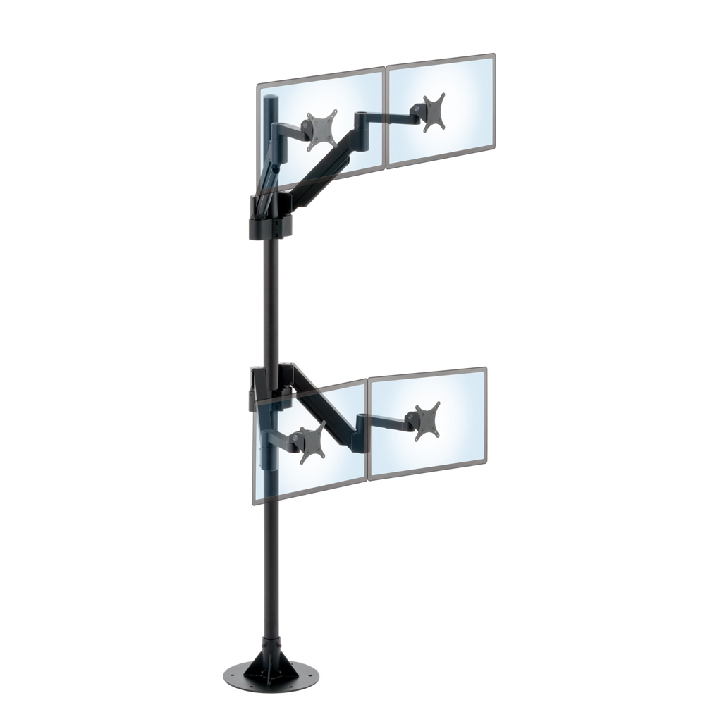 192 Flange mount floor stand with four monitor arms mounted in two rows