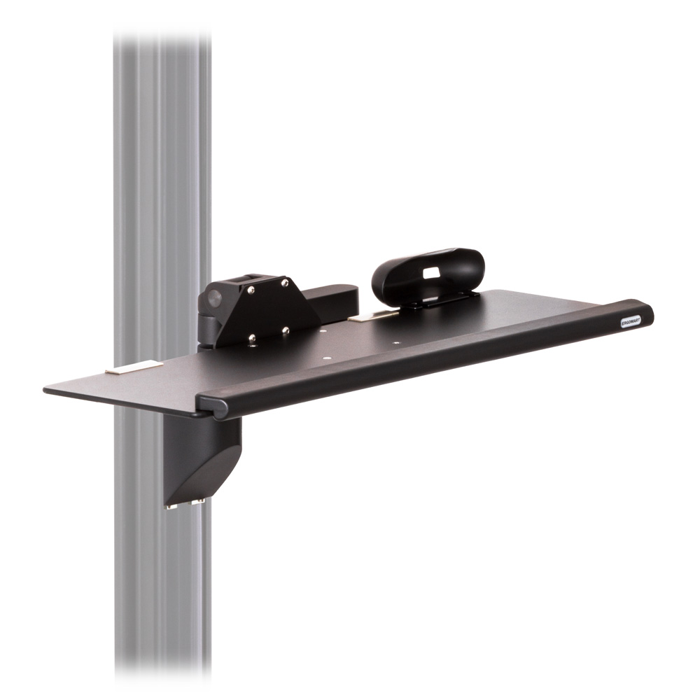 Articulating keyboard wall mount for EC Track shown with 26-inch keyboard tray with palm rest and mousetrap and 14-inch articulating horizontal extensions retracted against the track and the tray flat.	