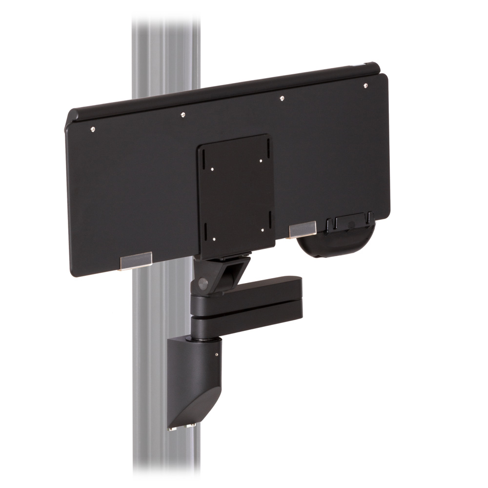 Articulating keyboard wall mount for EC Track shown with 26-inch keyboard tray with palm rest and mousetrap and 14-inch articulating horizontal extensions retracted against the track and the tray folded up.	