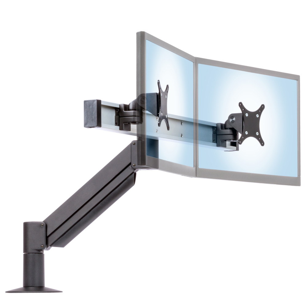 CMD2018 Dual Computer Monitor arm with two slidable tilter mechanisms supporting computer monitors on straight aluminum beam