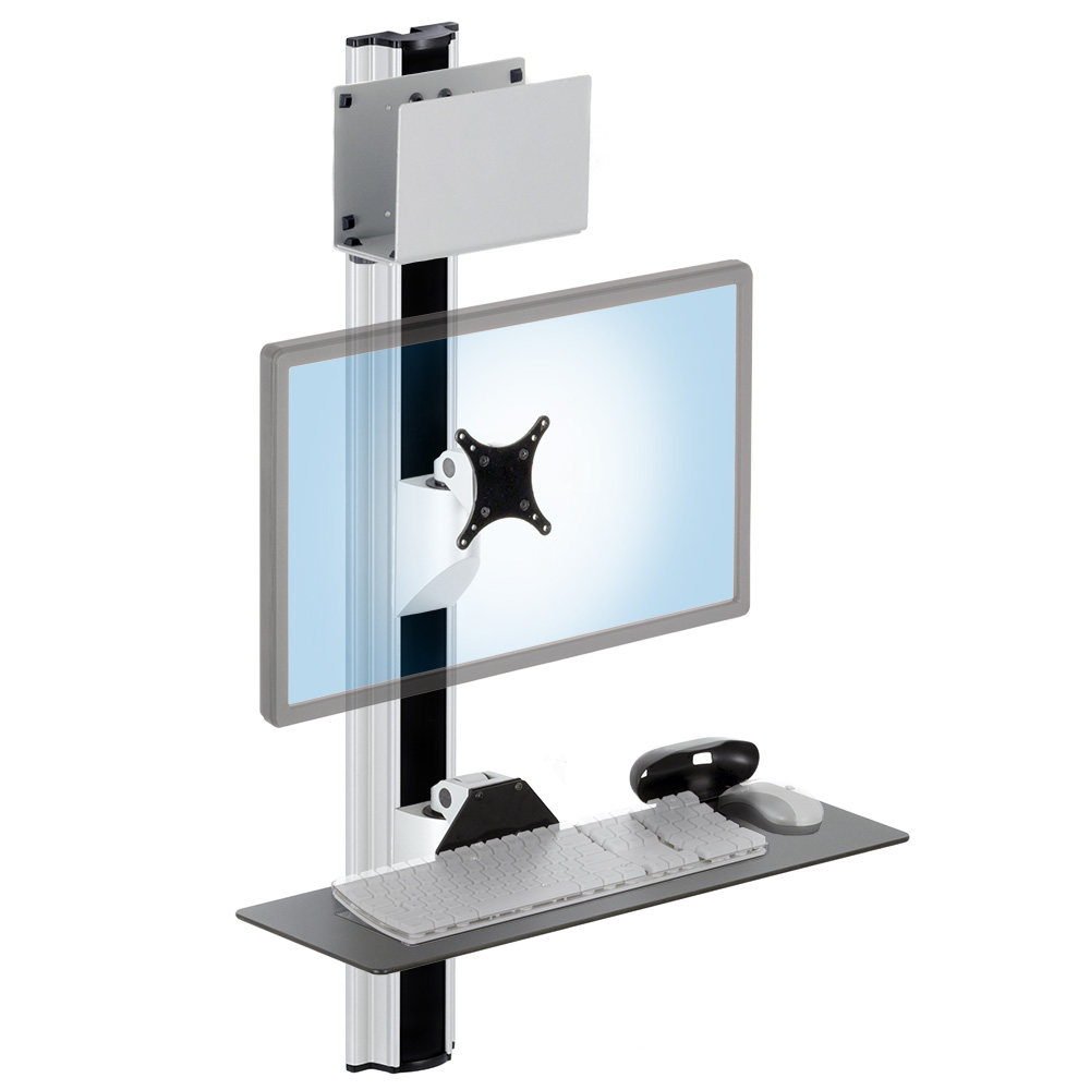 COMBO1 vertical wall track with CPU bracket at top and articulating monitor mount and articulating keyboard tray
