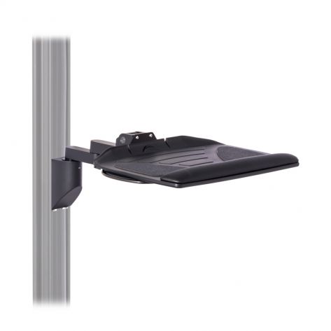 Articulating keyboard wall mount for EC Track shown with Deluxe Banana Board Tray with Left/Right Mouse sliding mouse platform under the tray and two 3.5-inch horizontal extensions