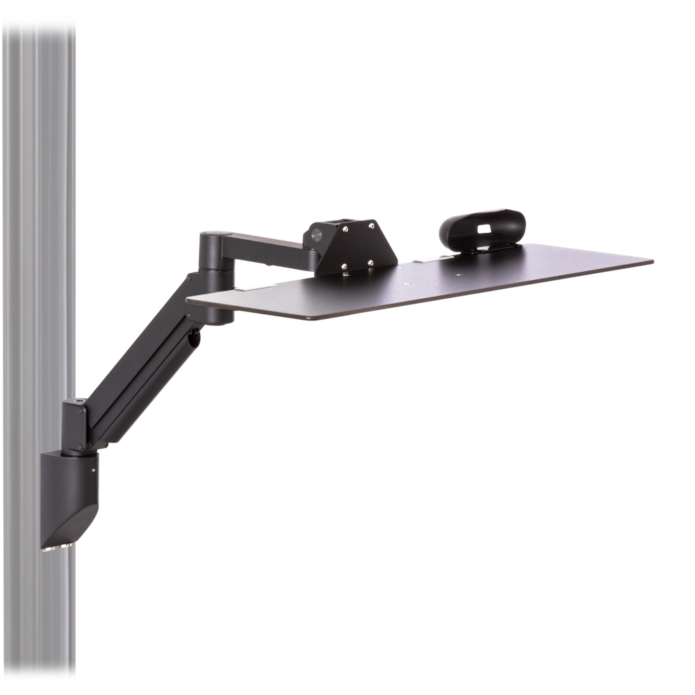 Height adjustable keyboard wall mount for EC Track shown with 26-inch keyboard tray and mousetrap