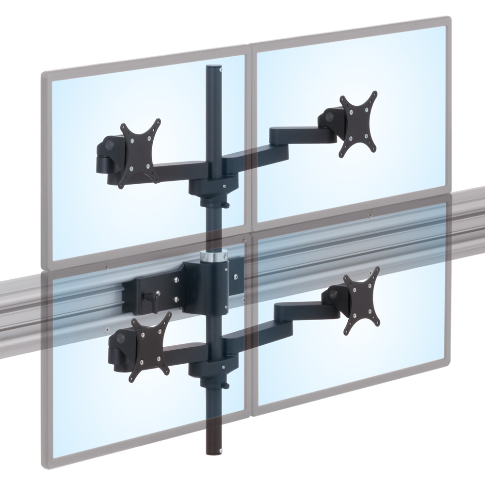 LS1512Q horizontal track isometric view with quad monitors mounted on sliding mounts positioned low and high