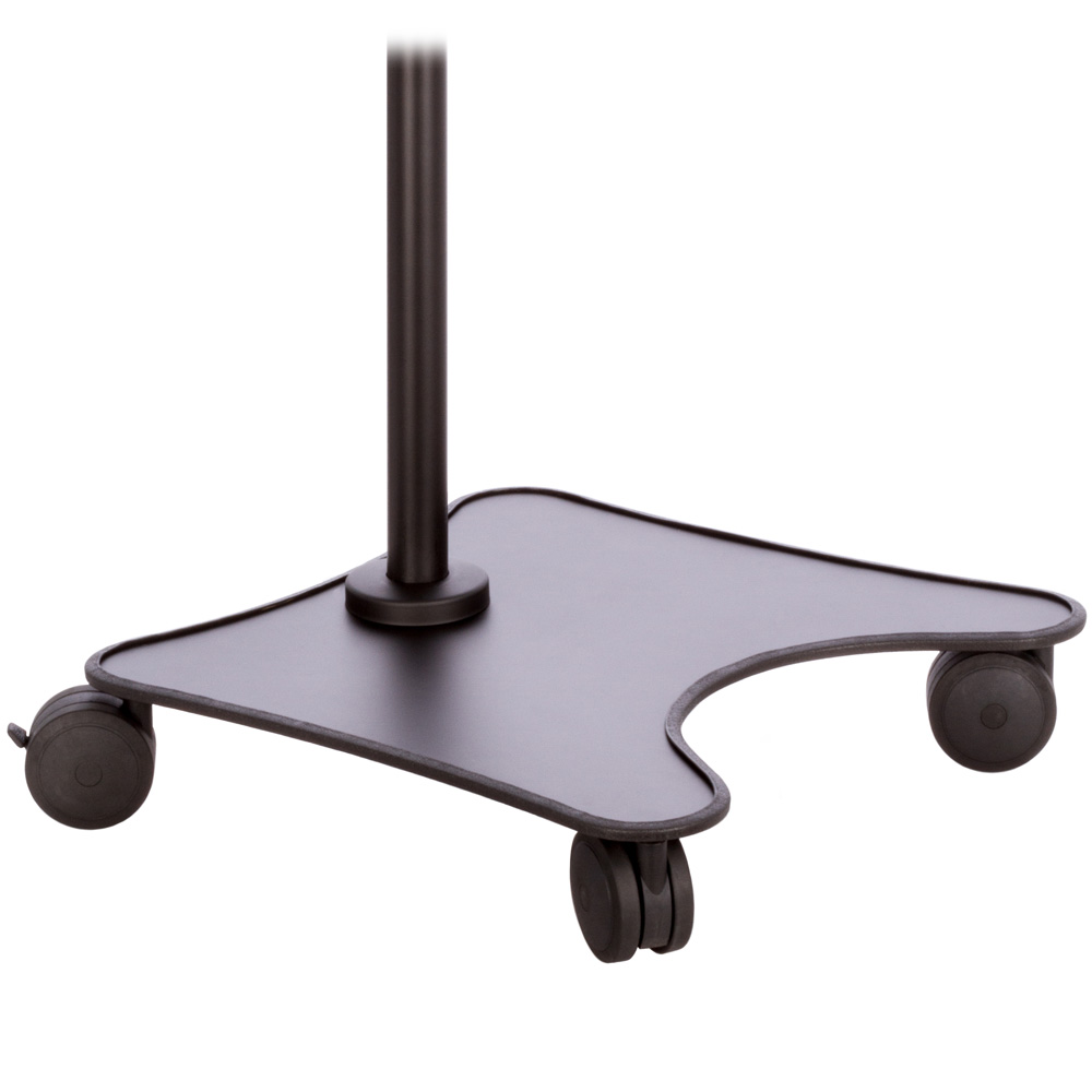 Heavy duty monitor cart base in black seen in an isometric close up	