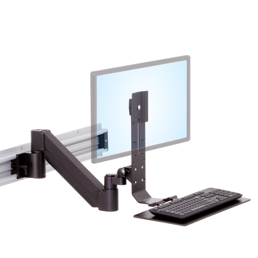 RT TRS arm and keyboard tray data entry workstation in black isometric view