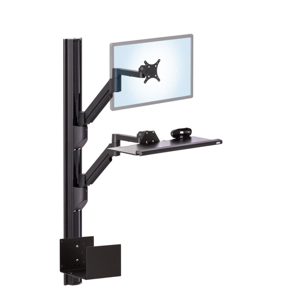 COMBO2 wall-mounted sit-stand workstation shown in black with monitor and keyboard arms maximally extended in high position.