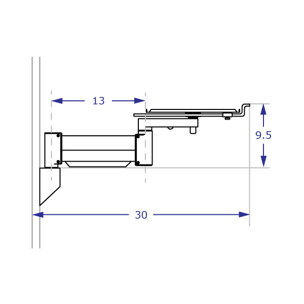 COMBO4 Specification drawing of track mount and SAA2415 equipment platform arm in horizontal position from side view