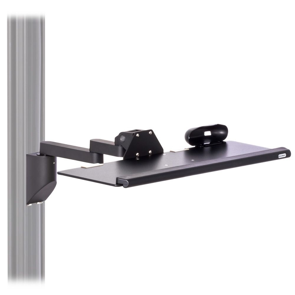 Articulating keyboard wall mount for EC Track shown with 26-inch keyboard tray with palm rest and mousetrap and 7.5-inch and 3.5-inch horizontal extensions