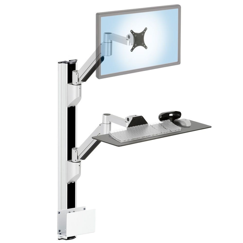 COMBO2 wall track shown with dual monitor bracket and keyboard tray arms in high position with CPU holder