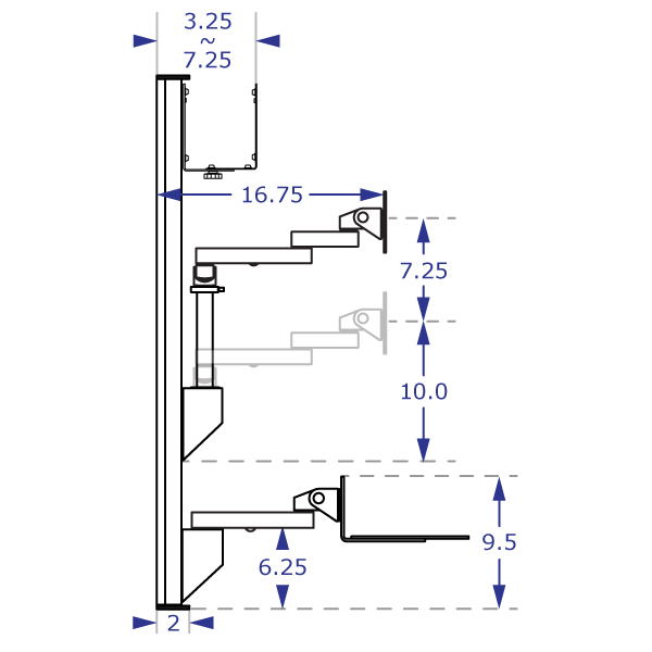 COMBO3 specification drawing of wall mount track system depicting vertical travel and lateral reach of monitor arm 