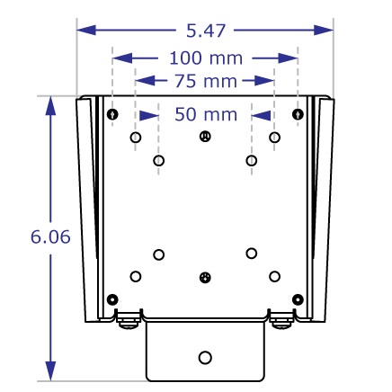 Line drawing of the front view of the 75/100 mm flush monitor mount for Ergomart's EC track.