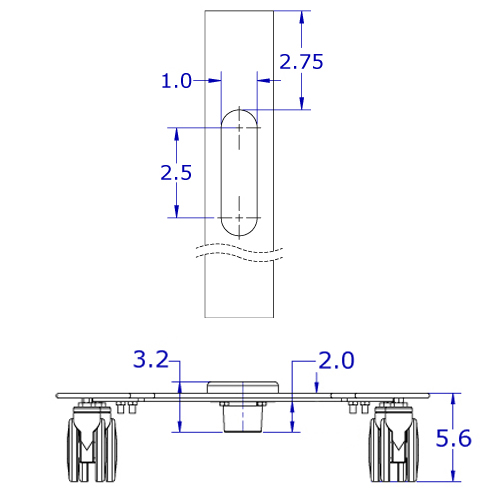 Specification drawing showing the front and side views of the rolling monitor cart base and highlighting the height of the base surface and the clearance under it.