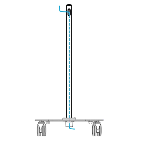 Specification drawing of rolling monitor cart base shown with a 6' pole.