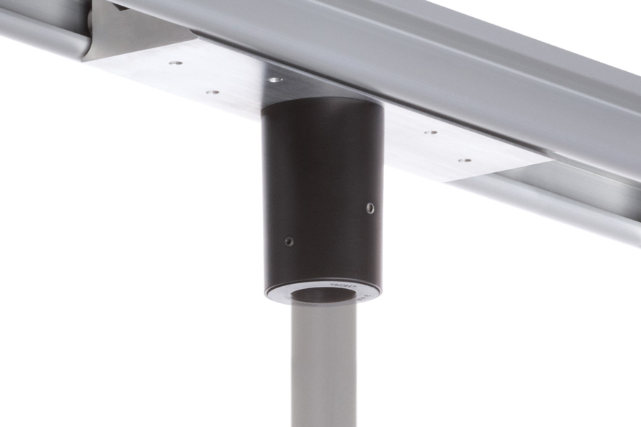 MKIT-U ceiling trolley mount closeup shown in RT rail with pole attached from an isometric view below
