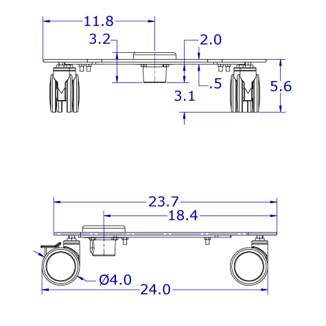 Specification drawing showing the front and side views of the rolling monitor cart base, its height and clearance.
