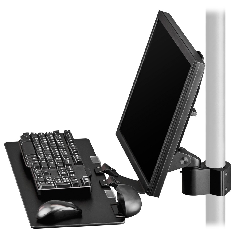 PM40-BB103 keyboard tray - monitor mount with screen leaning back attached to articulating bracket on Ergomart P192 pole - ghosted