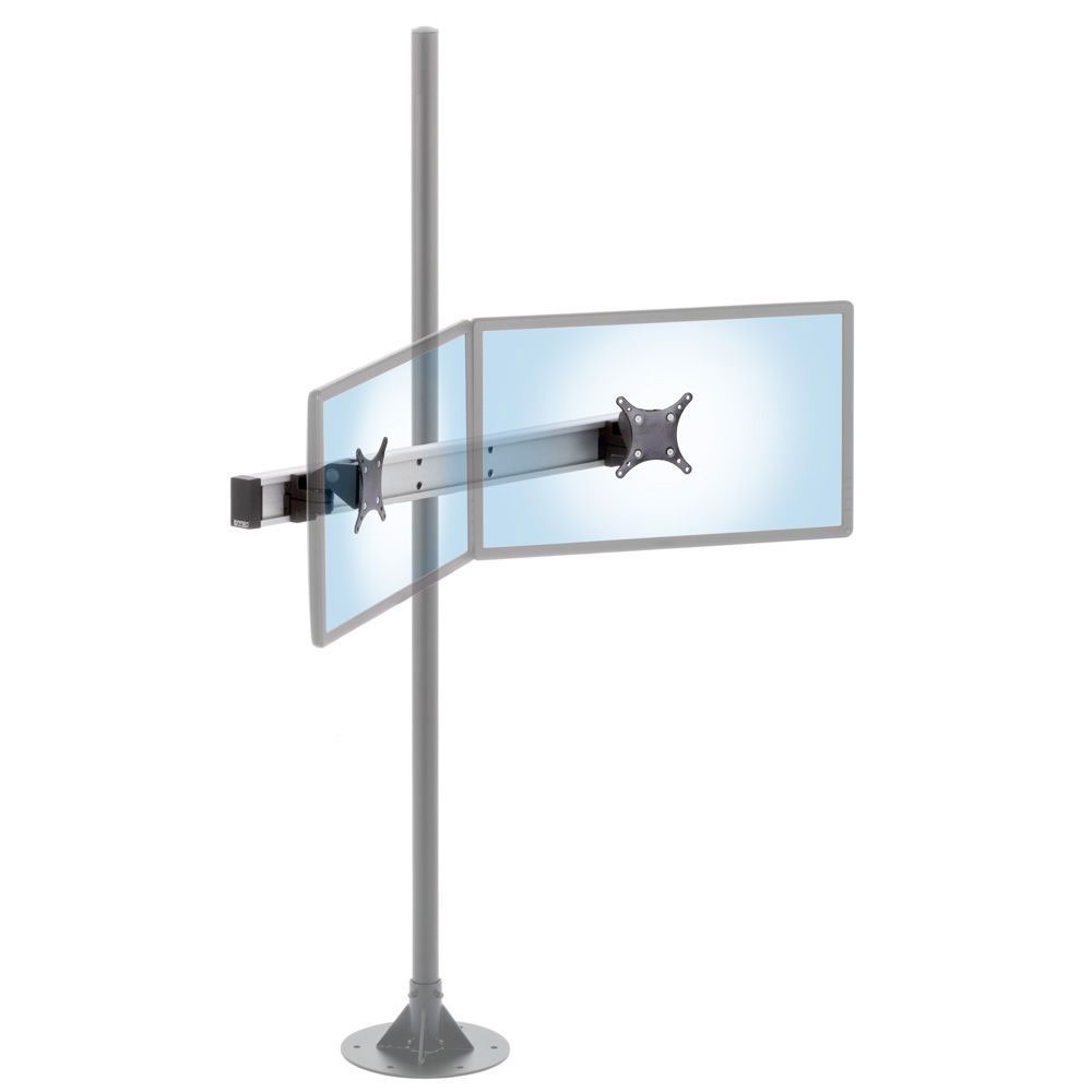 Dual-monitor articulating beam mounted to 1.5" to 2" diameter heavy-duty pole in black