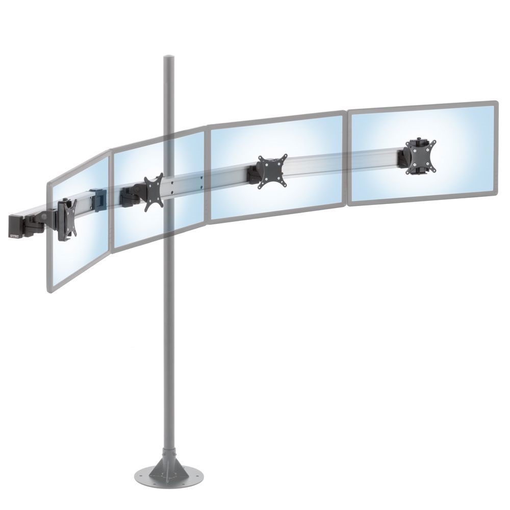 Quadruple-monitor articulating beam mounted to 1.5" to 2" diameter heavy-duty pole in black
