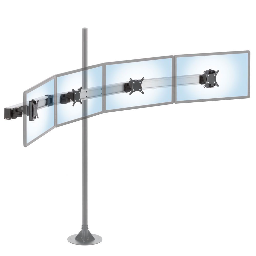 Quadruple-monitor articulating beam mounted to 1.5" to 2" diameter heavy-duty pole in black