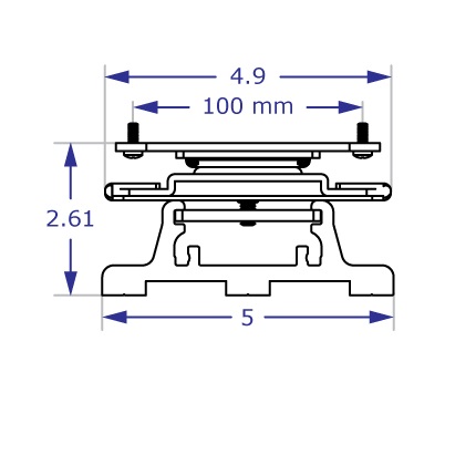 Line drawing of the top view of the 75/100 mm rotating flush monitor mount for Ergomart's EC-TRACK.