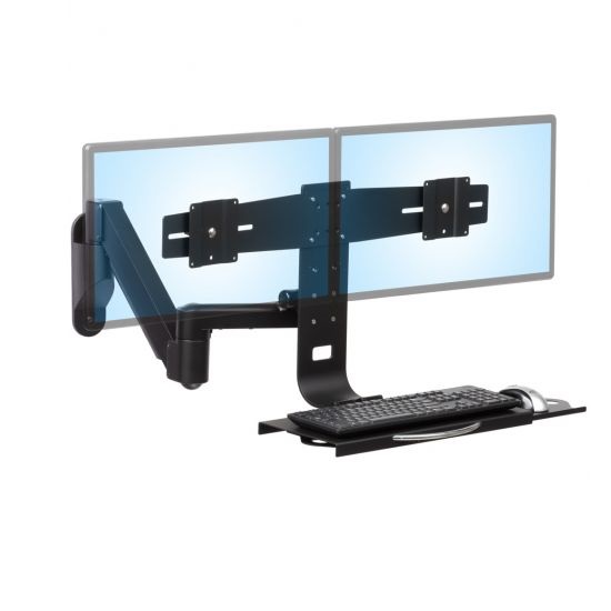 TRP2718D front view of lifting arm in compacted position on wall mount with steel left-right sliding tray and dual monitor bracket in black