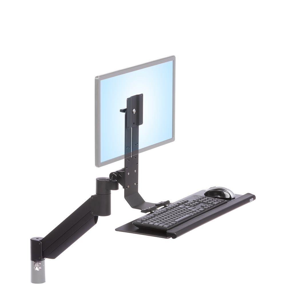 TRS2018 height adjustable monitor arm and keyboard tray shown extended from a front isometric view in black